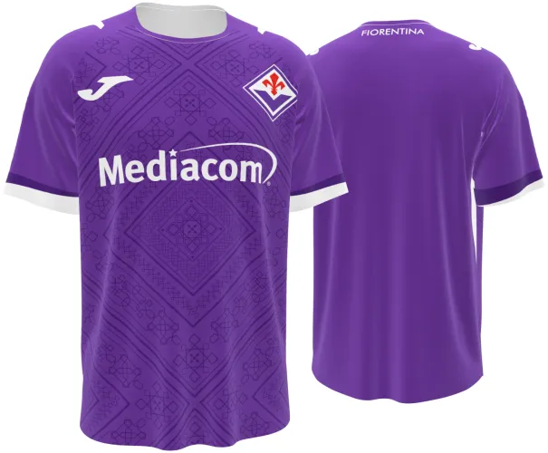 Camisa titular da Fiorentina 2026 - 2027 roxa com ornamento florentino tom sobre tom, frente e costas
