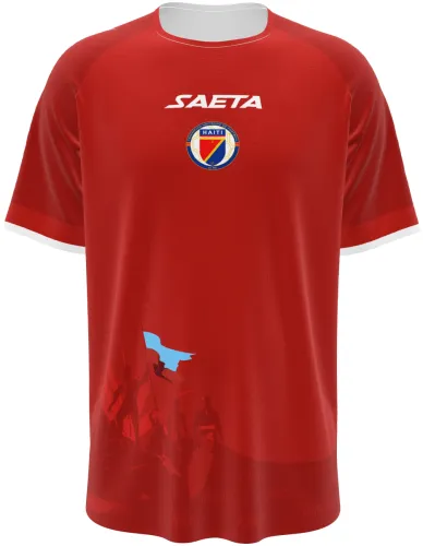 Camisa terceiro uniforme do Haiti 2026 vermelha com cena da independência, frente e costas