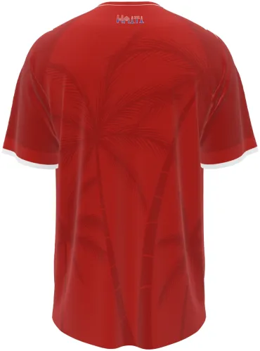 Camisa terceiro uniforme do Haiti 2026 vermelha com cena da independência, frente e costas