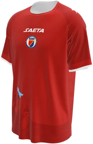 Camisa terceiro uniforme do Haiti 2026 vermelha com cena da independência, frente e costas