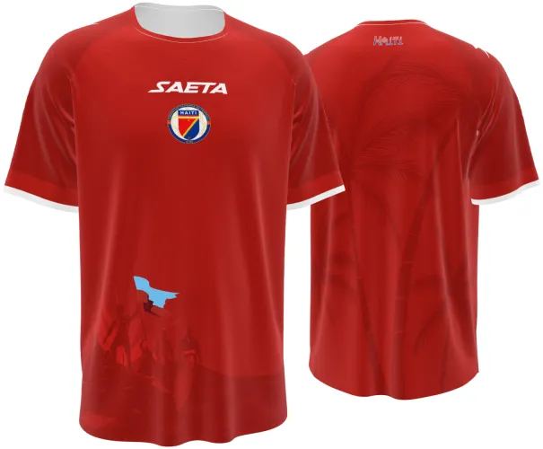 Camisa terceiro uniforme do Haiti 2026 vermelha com cena da independência, frente e costas