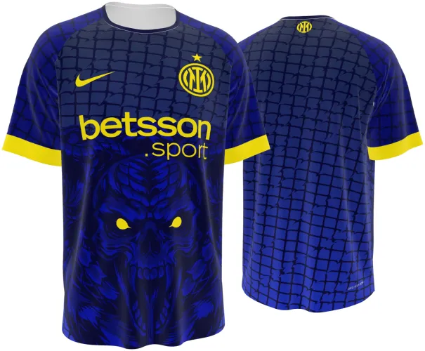 Camisa conceito do Inter de Milão 2026 azul-marinho com uma caveira no peito, frente e costas