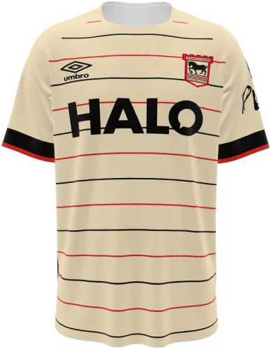 Camisa visitante do Ipswich Town 2026 - 2027 bege com filetes pretos e vermelhos, frente e costas