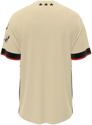 Camisa visitante do Ipswich Town 2026 - 2027 bege com filetes pretos e vermelhos, frente e costas