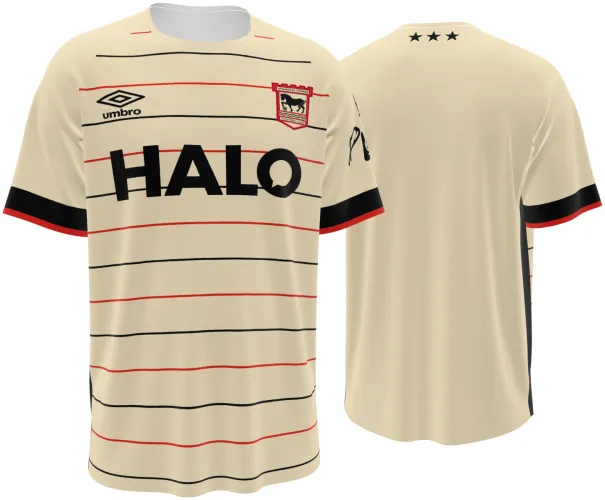 Camisa visitante do Ipswich Town 2026 - 2027 bege com filetes pretos e vermelhos, frente e costas