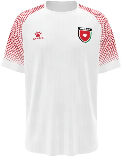 Camisa titular da Jordânia 2026 branca com meio-tom vermelho no ombro, frente e costas