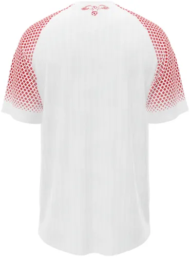 Camisa titular da Jordânia 2026 branca com meio-tom vermelho no ombro, frente e costas