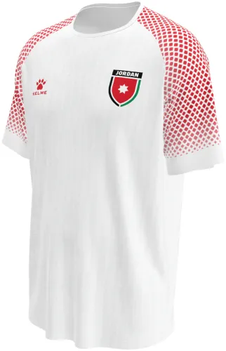 Camisa titular da Jordânia 2026 branca com meio-tom vermelho no ombro, frente e costas
