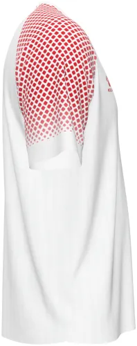 Camisa titular da Jordânia 2026 branca com meio-tom vermelho no ombro, frente e costas