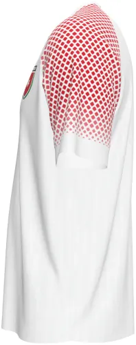 Camisa titular da Jordânia 2026 branca com meio-tom vermelho no ombro, frente e costas