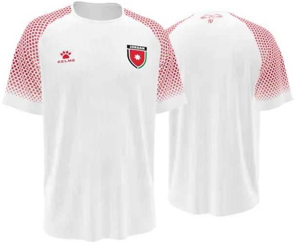 Camisa titular da Jordânia 2026 branca com meio-tom vermelho no ombro, frente e costas