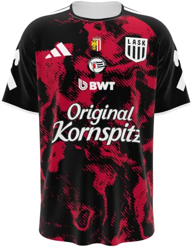 Camisa visitante do LASK 2026 - 2027 preta com tinta vermelha derramada, frente e costas