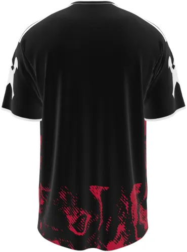 Camisa visitante do LASK 2026 - 2027 preta com tinta vermelha derramada, frente e costas