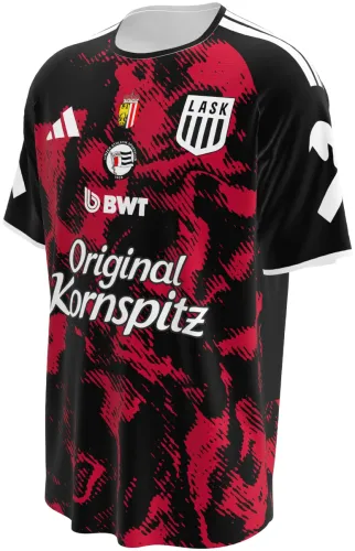 Camisa visitante do LASK 2026 - 2027 preta com tinta vermelha derramada, frente e costas