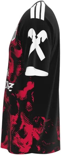 Camisa visitante do LASK 2026 - 2027 preta com tinta vermelha derramada, frente e costas