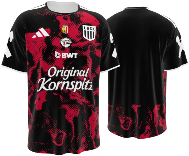 Camisa visitante do LASK 2026 - 2027 preta com tinta vermelha derramada, frente e costas
