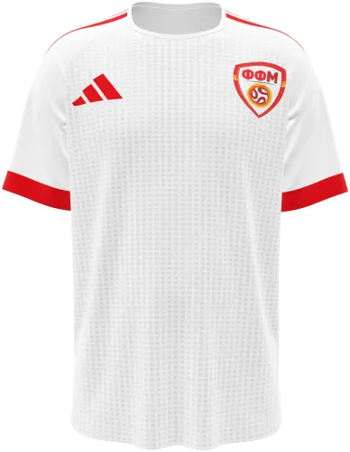 Camisa visitante da Macedônia do Norte 2026 branca com trama quadriculada, frente e costas