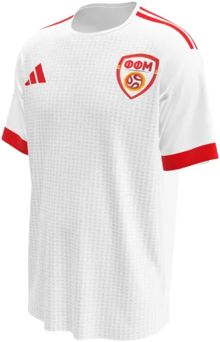 Camisa visitante da Macedônia do Norte 2026 branca com trama quadriculada, frente e costas