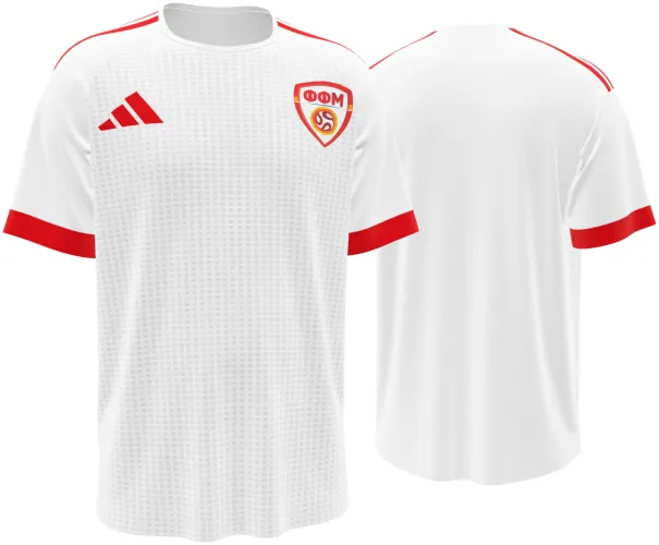 Camisa visitante da Macedônia do Norte 2026 branca com trama quadriculada, frente e costas