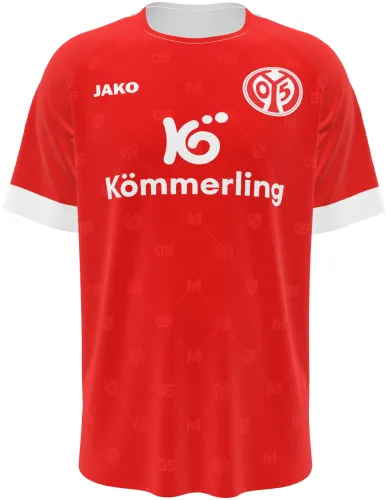 Camisa titular do Mainz 05 2026 - 2027 vermelha com monograma tom sobre tom, frente e costas