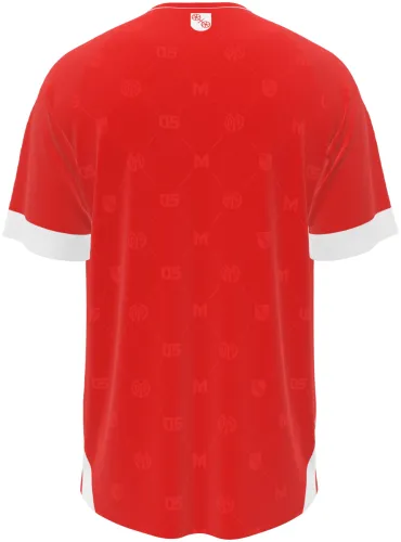Camisa titular do Mainz 05 2026 - 2027 vermelha com monograma tom sobre tom, frente e costas
