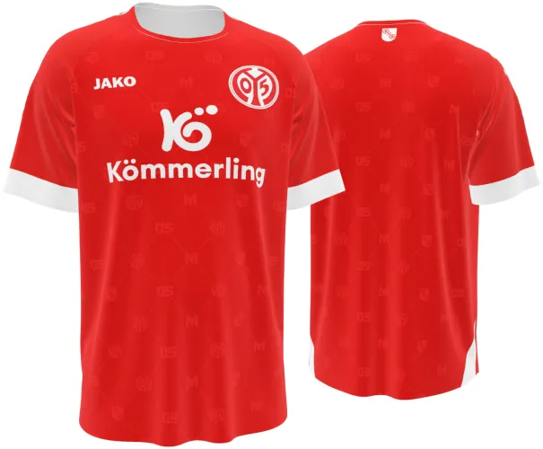 Camisa titular do Mainz 05 2026 - 2027 vermelha com monograma tom sobre tom, frente e costas