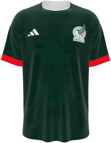 Camisa conceito do México 2026 verde-escura com águia e ornamento asteca, frente e costas