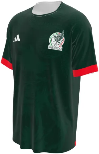 Camisa conceito do México 2026 verde-escura com águia e ornamento asteca, frente e costas