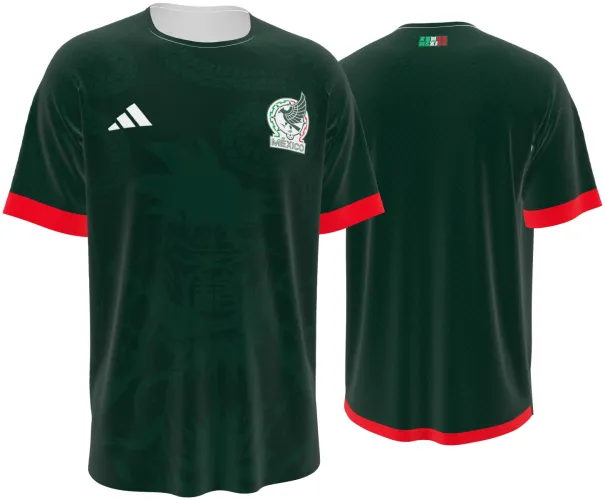Camisa conceito do México 2026 verde-escura com águia e ornamento asteca, frente e costas