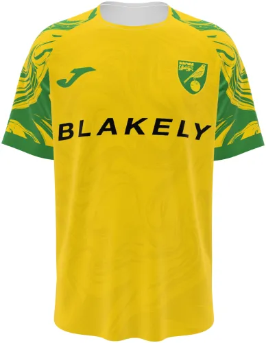 Camisa titular do Norwich City 2026 - 2027 amarela com marmorizado verde, frente e costas