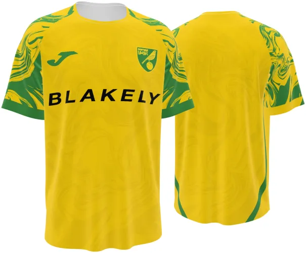 Camisa titular do Norwich City 2026 - 2027 amarela com marmorizado verde, frente e costas