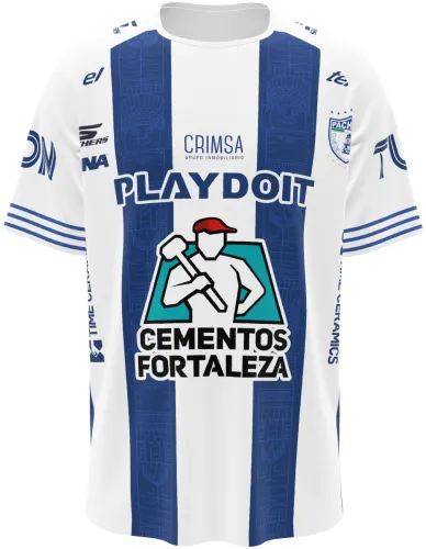 Camisa titular do Pachuca 2026 - 2027 listrada de branco e azul-marinho, frente e costas