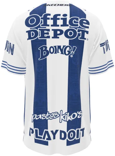 Camisa titular do Pachuca 2026 - 2027 listrada de branco e azul-marinho, frente e costas