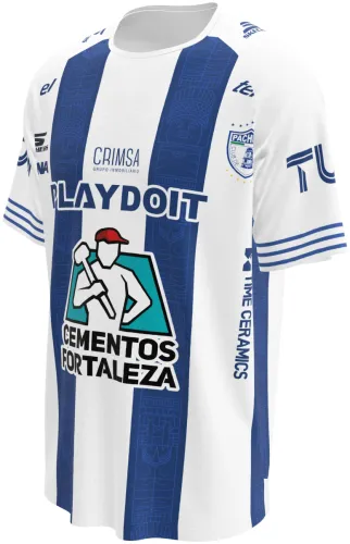Camisa titular do Pachuca 2026 - 2027 listrada de branco e azul-marinho, frente e costas