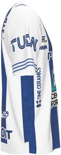 Camisa titular do Pachuca 2026 - 2027 listrada de branco e azul-marinho, frente e costas