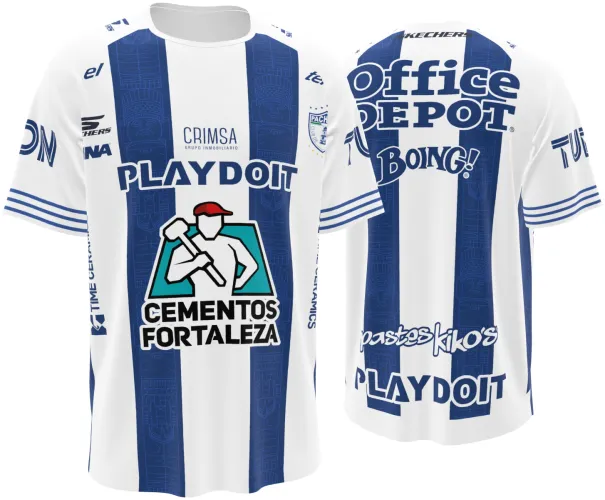 Camisa titular do Pachuca 2026 - 2027 listrada de branco e azul-marinho, frente e costas