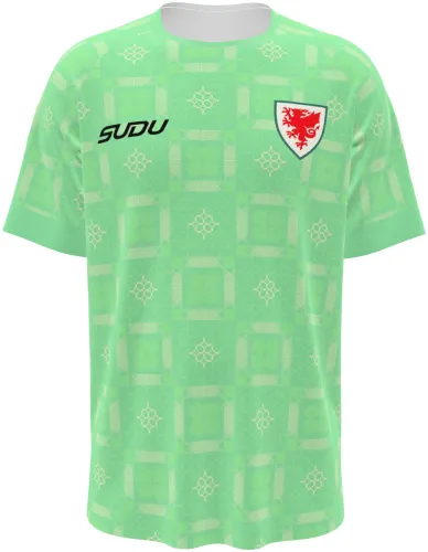 Camisa de goleiro do País de Gales 2026 - 2027 verde-menta com ladrilho celta, frente e costas