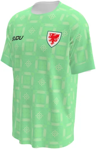 Camisa de goleiro do País de Gales 2026 - 2027 verde-menta com ladrilho celta, frente e costas