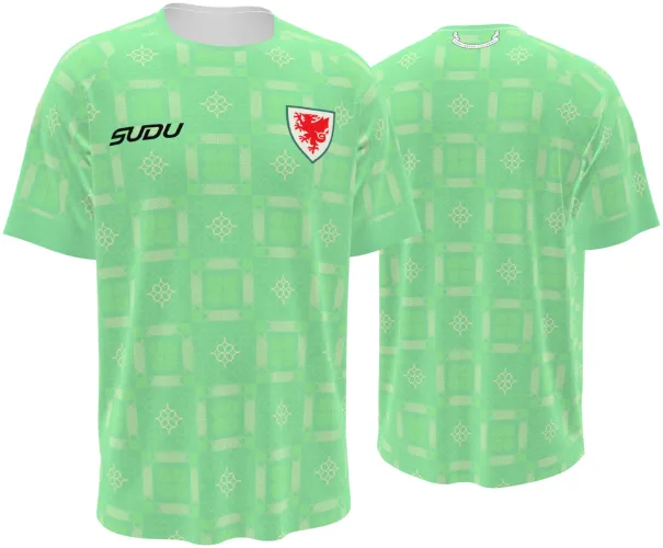 Camisa de goleiro do País de Gales 2026 - 2027 verde-menta com ladrilho celta, frente e costas