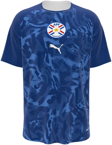 Camisa de pré-jogo do Paraguai 2026 azul-marinho com pintas de onça, frente e costas