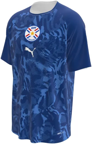 Camisa de pré-jogo do Paraguai 2026 azul-marinho com pintas de onça, frente e costas