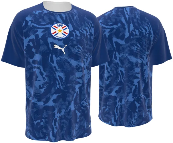Camisa de pré-jogo do Paraguai 2026 azul-marinho com pintas de onça, frente e costas