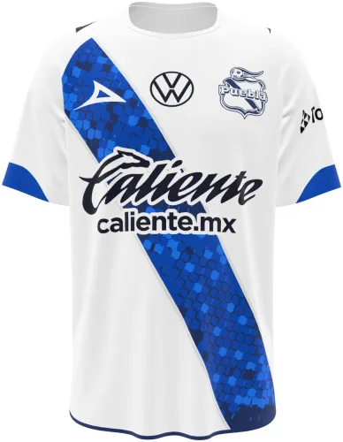 Camisa titular do Puebla 2026 - 2027 branca com faixa diagonal azul de favos, frente e costas