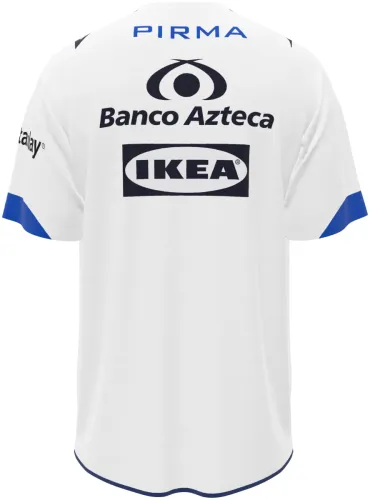 Camisa titular do Puebla 2026 - 2027 branca com faixa diagonal azul de favos, frente e costas