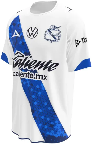 Camisa titular do Puebla 2026 - 2027 branca com faixa diagonal azul de favos, frente e costas