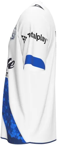 Camisa titular do Puebla 2026 - 2027 branca com faixa diagonal azul de favos, frente e costas