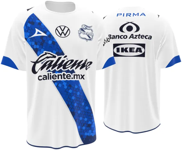 Camisa titular do Puebla 2026 - 2027 branca com faixa diagonal azul de favos, frente e costas