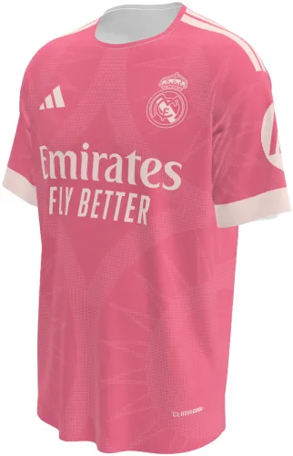 Camisa terceiro uniforme do Real Madrid 2026 - 2027 rosa com ornamento tom sobre tom, frente e costas