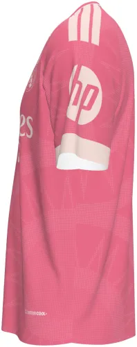 Camisa terceiro uniforme do Real Madrid 2026 - 2027 rosa com ornamento tom sobre tom, frente e costas