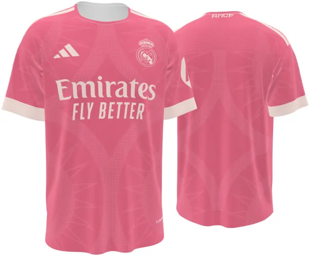 Camisa terceiro uniforme do Real Madrid 2026 - 2027 rosa com ornamento tom sobre tom, frente e costas